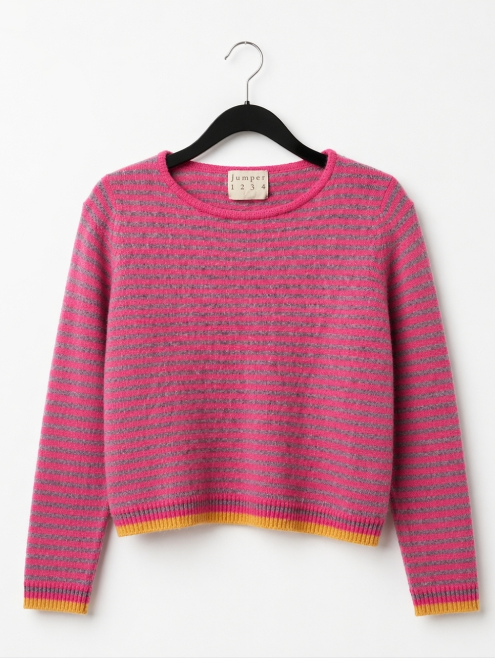 Jumper 1234 – Cashmere Stripe Sweater | Pink & Grey with Yellow Hem, Size 6/8